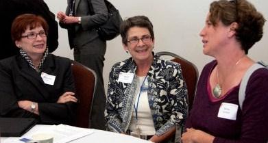 (From left) Catherine Lucey, MD, Vice Dean of Medical Education for the School of Medicine; with Helen Loeser, MD, MSc, Professor of Clinical Pediatrics Associate Dean, Curricular Affairs; and Karen Hamblett, Academic Program Manager, Center for Innovation in Interprofessional Education