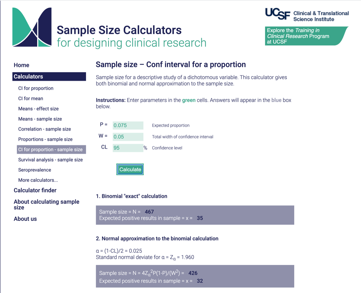 menos Alcalde Crítica Improved Sample Size Calculator Website and New Calculators for Your  Research | Clinical & Translational Science Institute